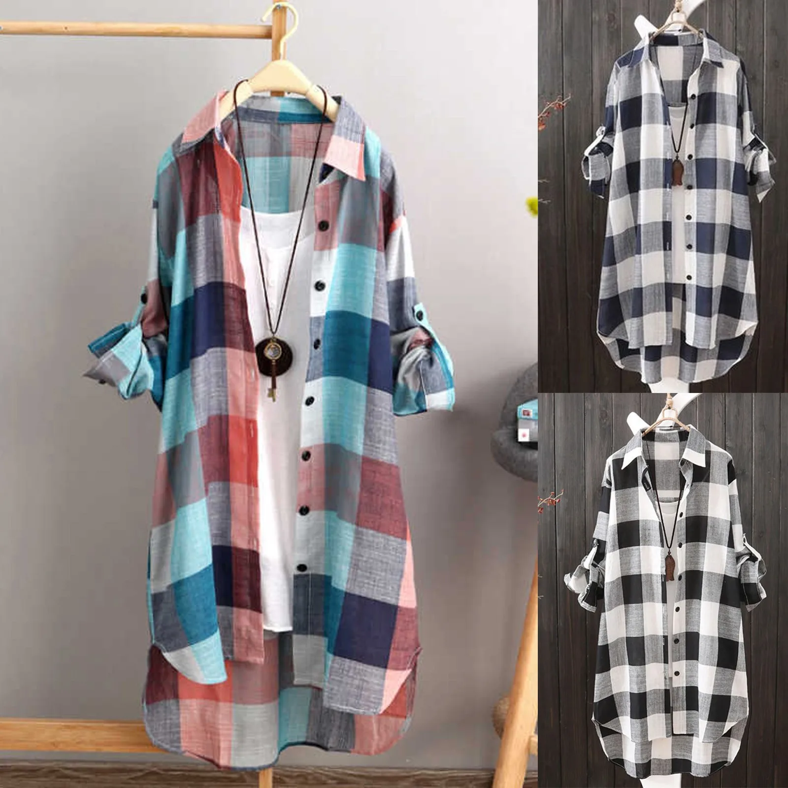 Stylish Sun Protection Plaid Pattern Long Shirt Comfy Roll-up Sleeve Buttons Closure Blouses Shirt Turn-Down Collar Workwear