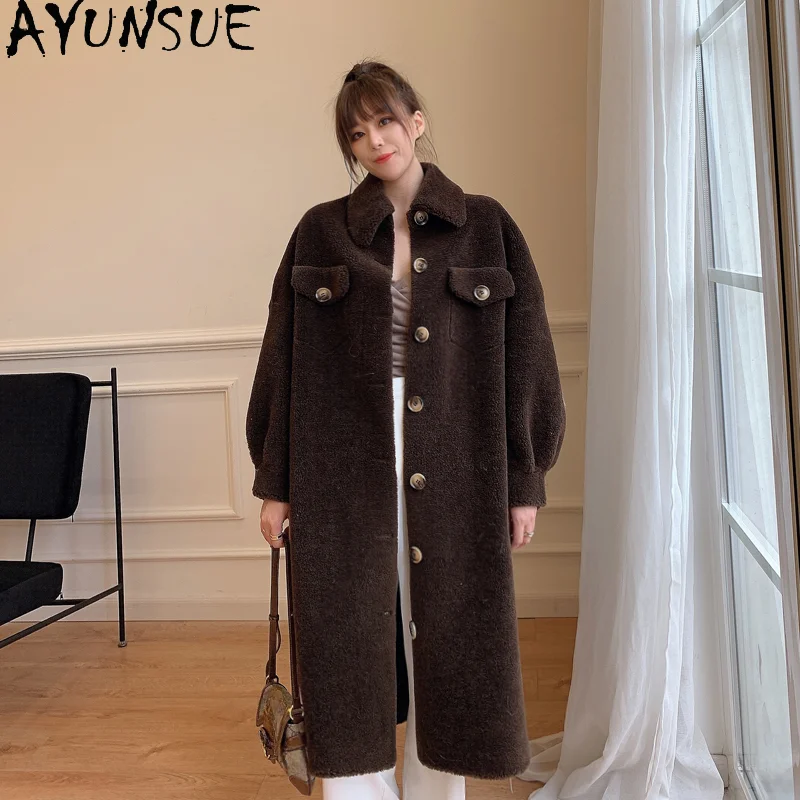 

AYUNSUE Loose 100% Wool Jackets for Women Winter Sheep Shearing Jacket Women Long Fur Coat Bat Sleeve Thick Wool Coats Overcoat