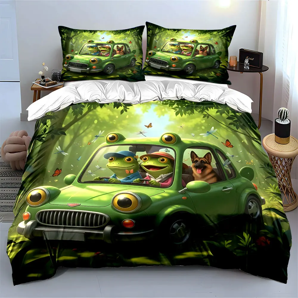 A frog drives a green car in the forest Print Bedding Set 1 Duvet Cover 2 Pillowcases for Adult and Children Luxury Gift