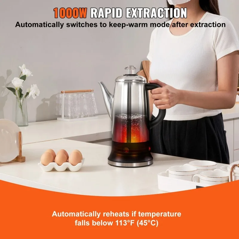 12-Cup Electric Percolator Coffee Pot 304 Stainless Steel Coffee Percolator with Keep Warm Function