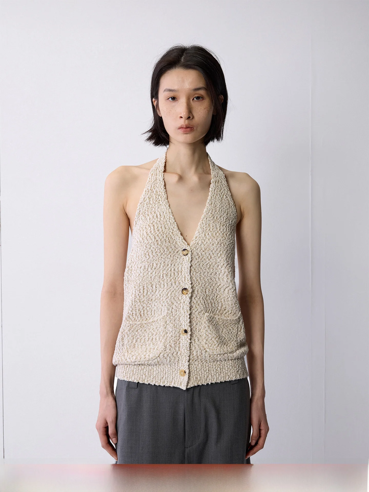 

Summer New Arrival Mixed Linen Cotton Knitted V-Neck Hanging Neck Open Cardigan Women's Straight Tube Knitwear Casual Vest