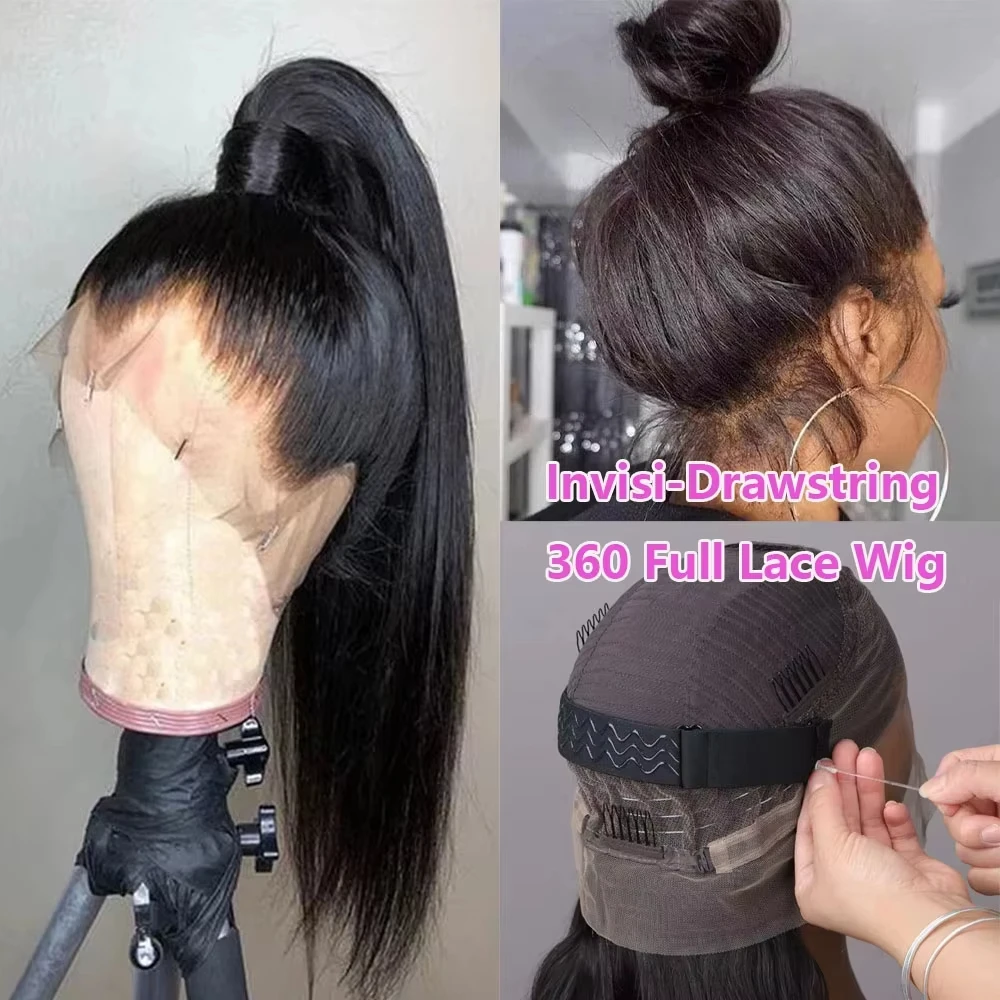 360 Full Lace Frontal Wig Straight HD Lace Front Wigs Human Hair Natural Black Upgrade Invisible Drawstring