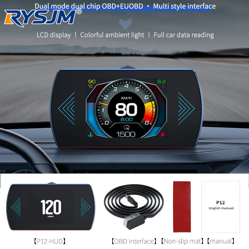 

P12 Car OBD2 Head Up Display Dual System for HUD OBD Car Gauge Smart Digital Meter Speed Fuel Read Fault Code Driving Computer