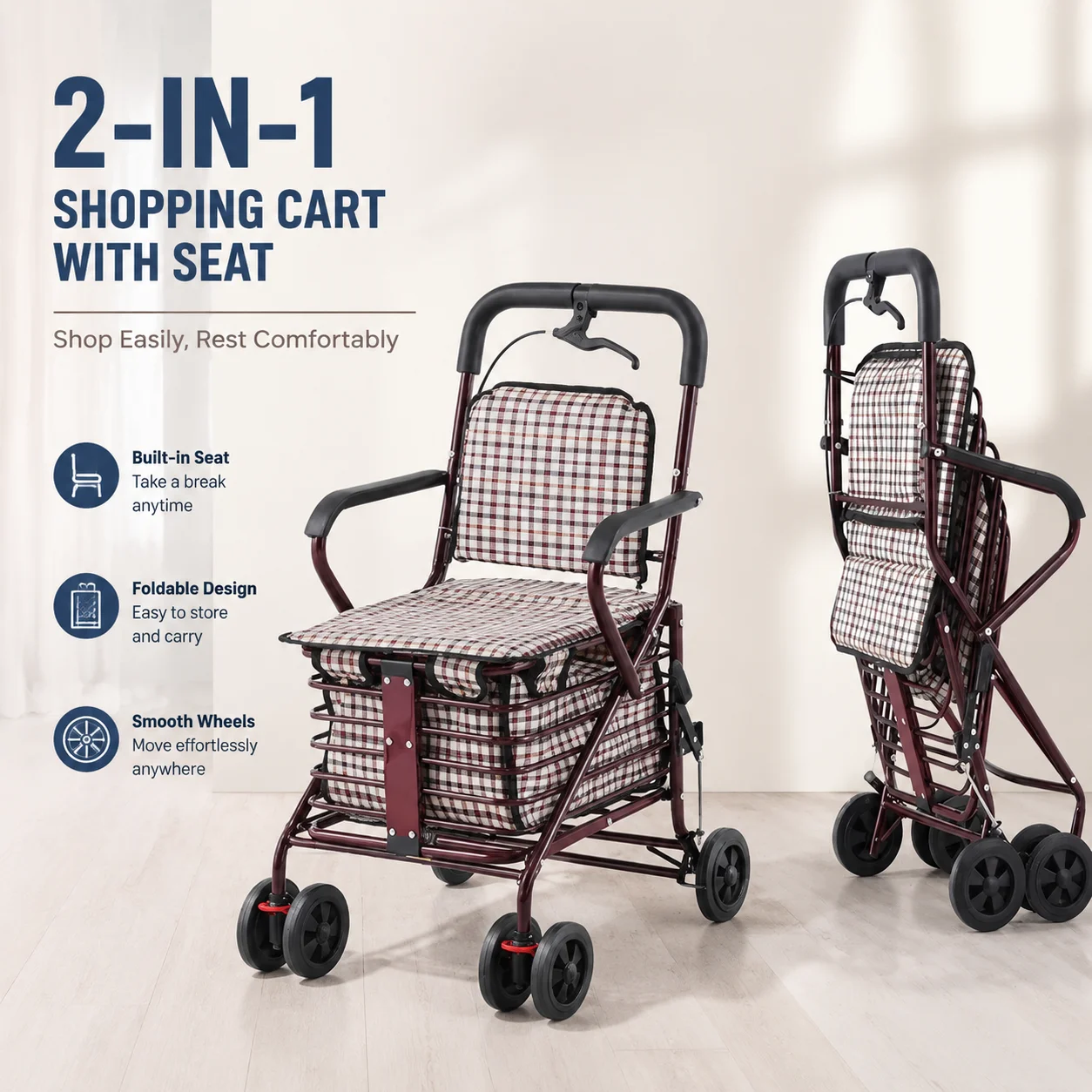 Foldable 4-Wheel Shopping Trolley with Built-in Seat – Lightweight Portable Grocery Cart for Seniors and Mobility Support