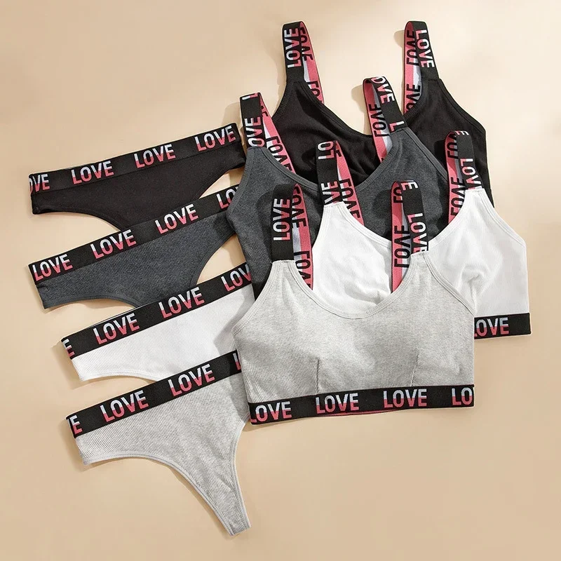 2 sets of fashionable contrast color letter print women's bra breathable deep V sports style vest thong set