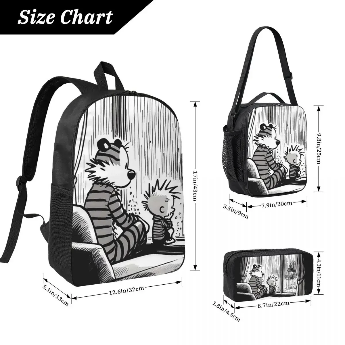 Calvin And Hobbs Dance Classic Backpack Boys Girls BookBag School Bag Computer Shoulder Bags 3ps Insulated Lunch Bag Pencil Case