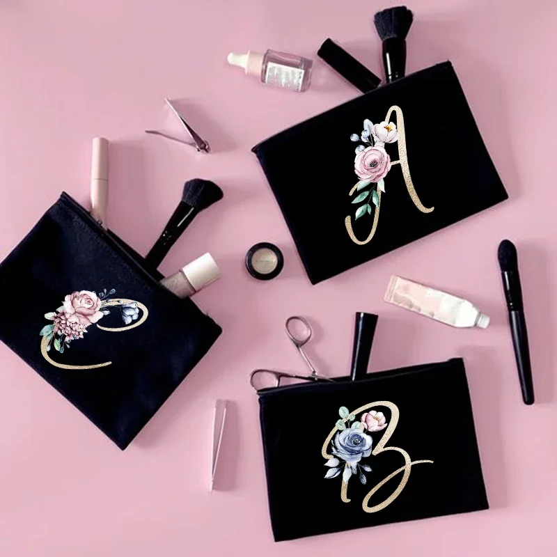 Golden Letter Print Cosmetic Bags Portable Makeup bag Female Toiletry Storage Pouch Clutch Student Pencil Bag Travel Organizer