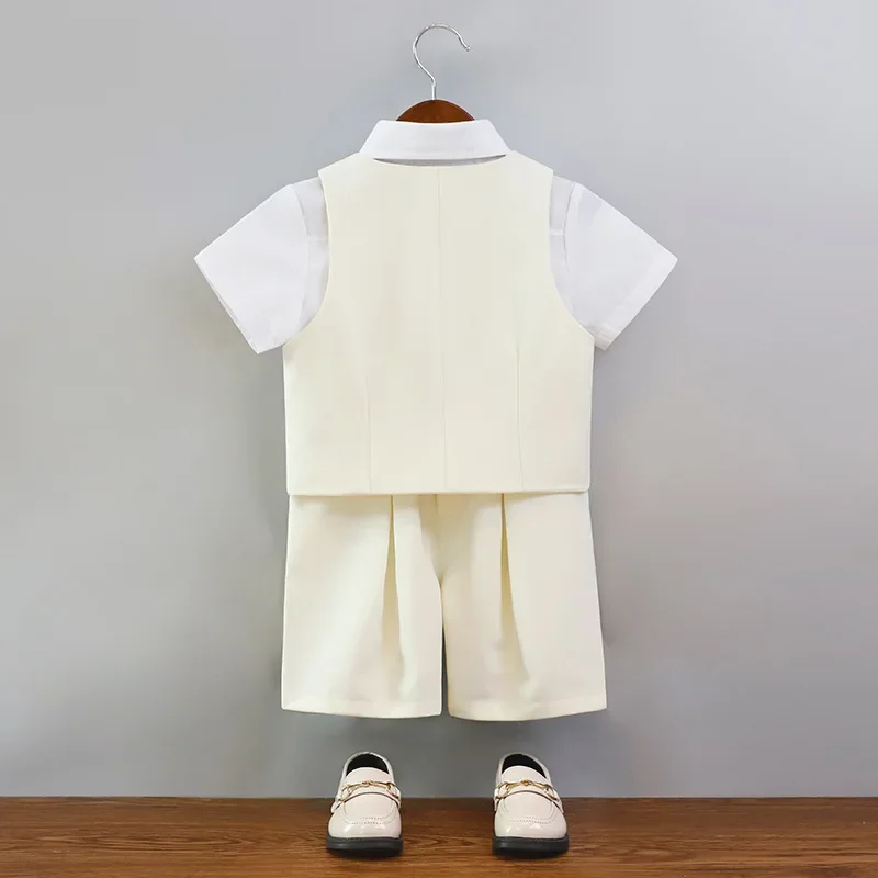 Children Summer Beige Photography Suit Kids Breathable Vest Shirt Shorts Bowtie Ceremony Costume Boys Silm Fit Wedding Dress