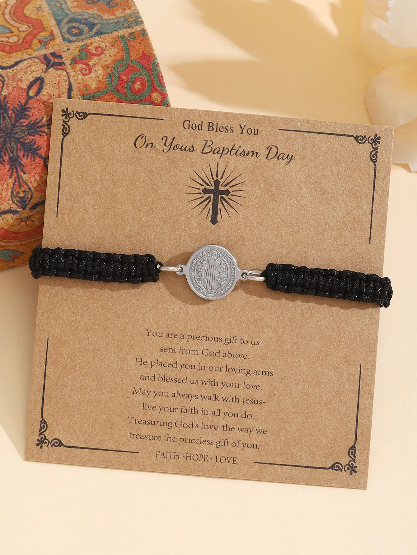 

Catholic Religious Belief St. Benedict Cross Stainless Steel Bracelets Manual Chinese Knot Bracelet Women Men Adjustable Jewelry