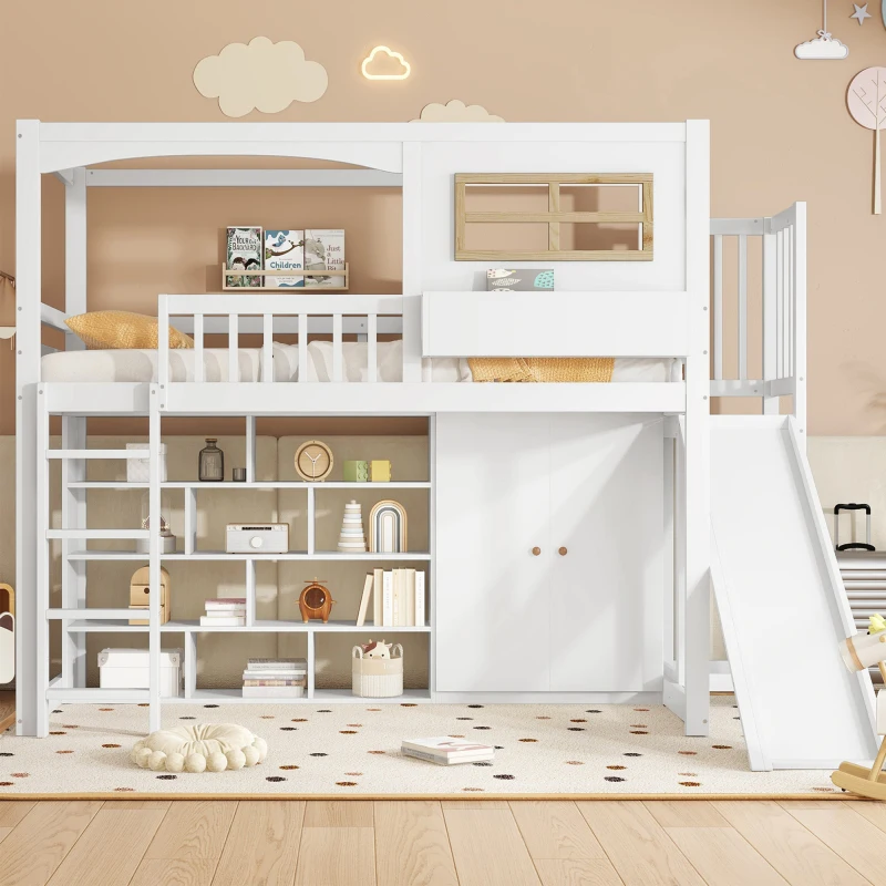 Lit superposé, lit enfant, avec barrière de sécurité, avec toboggan pour enfant et armoire, beaucoup de rangement, avec échelle à quatre marches, pin+MDF+contreplaqué, blanc, 90x200cm