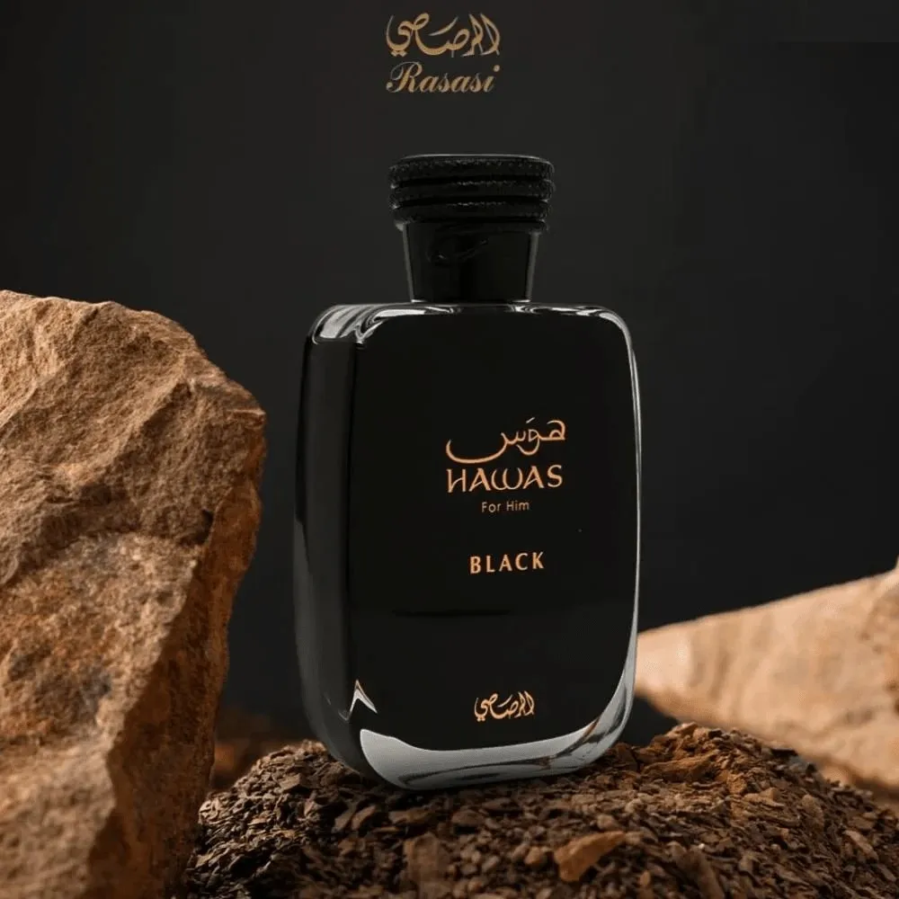 Rasasi Hawas Black EDP-spray voor mannen en vrouwen 3,4 oz, gedurfde en elegante langdurige geur met ananas en amber, voor dag en nacht.
