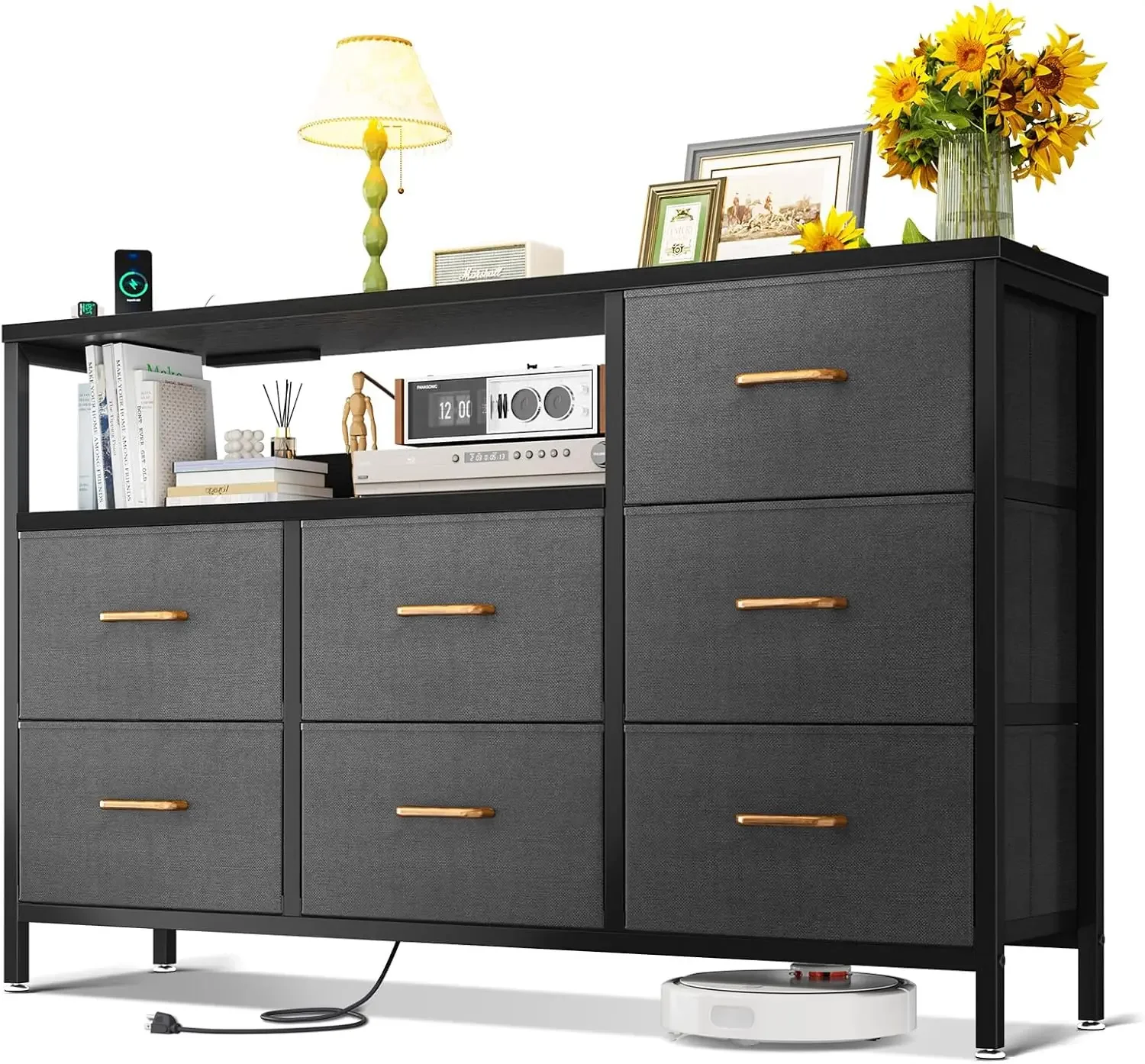 Dresser with Charging Station 52-Inch Long Dresser for Bedroom with 7 Large Fabric Drawers Dresser TV Stand with Open Shelves