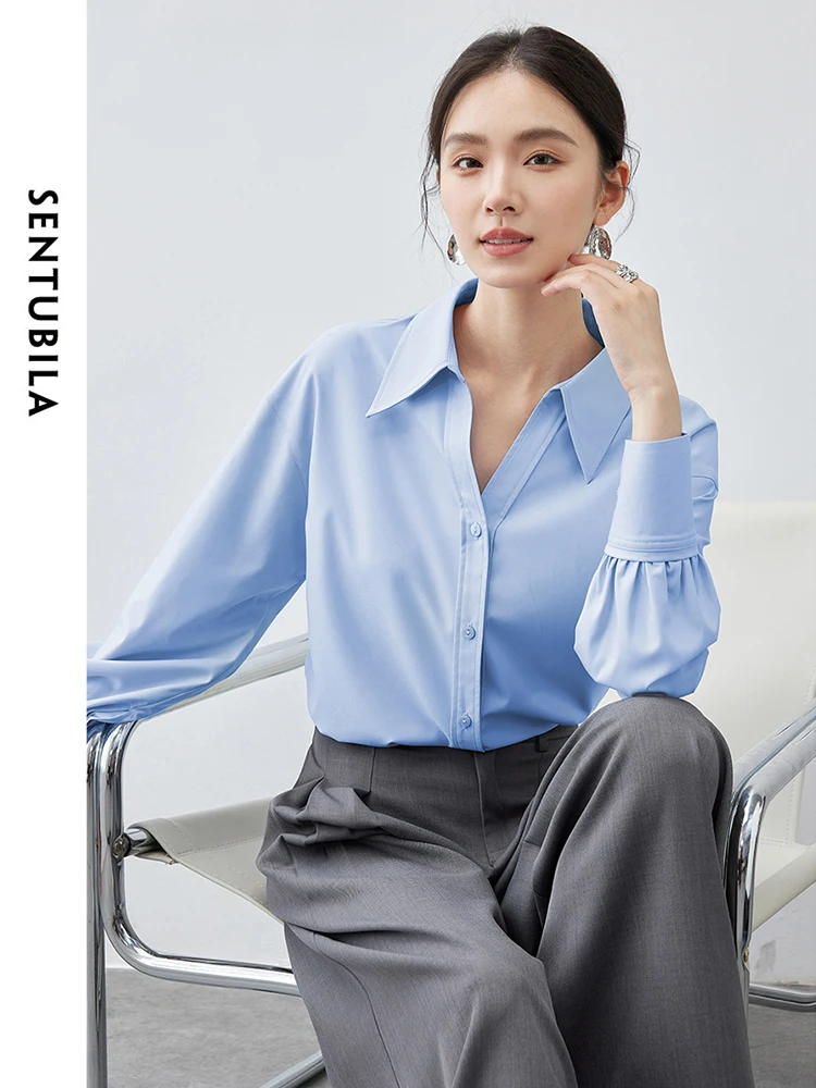 SENTUBILA Office Lady White Shirt for Women 2024 Autumn Straight V Neck Drop Sleeves Single-breasted Basic Blouse 143C55713