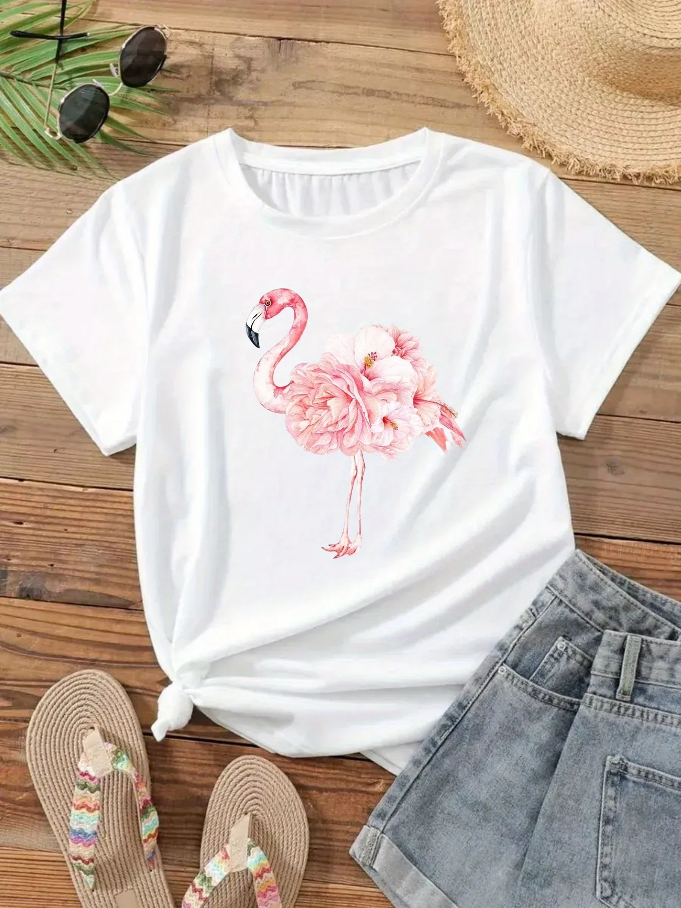 Women'S Soft Pink White Flamingo Print T-Shirt Casual Round Neck Short Sleeve Blouse with Pink Flamingo  Heart Design