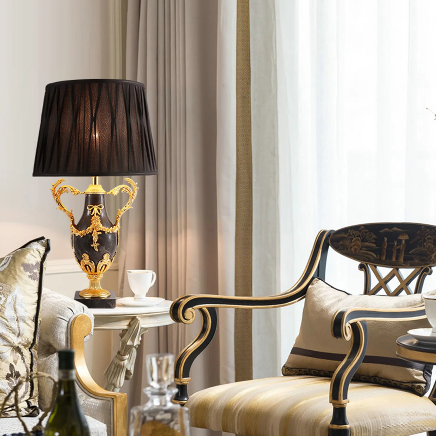French Living Room Study Black Fabric Design Brass Table Lamp Hotel Dining Table Banquet Hall Decorative Table Light