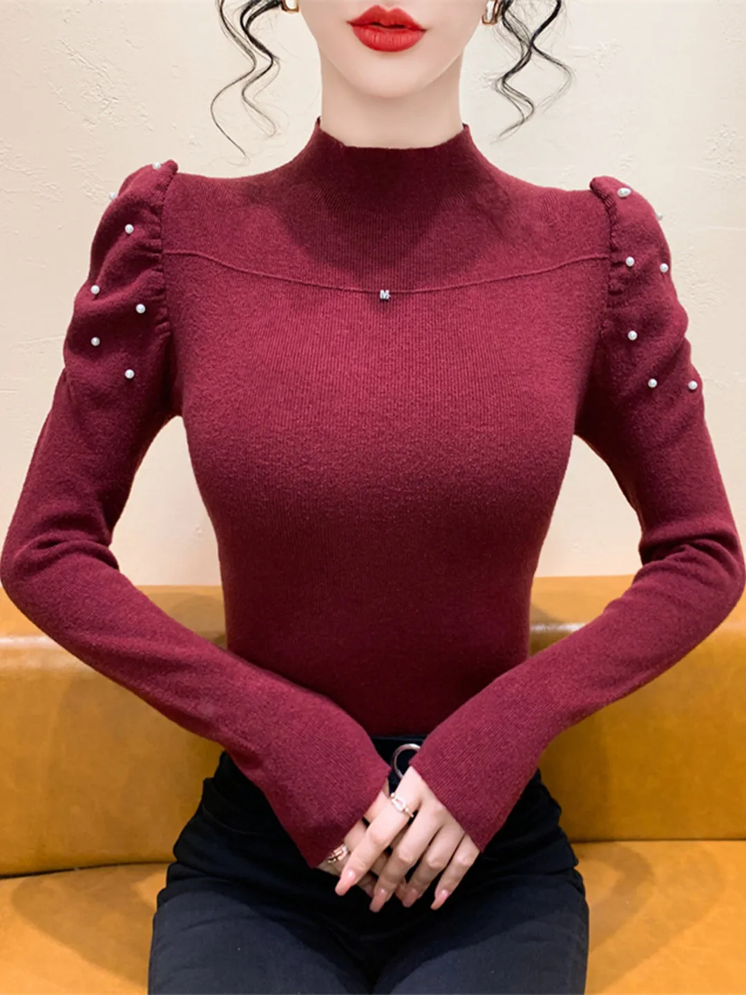 

Retro f High Collar Rhinestone Knitted Base Layer Women's Autumn Winter New Sle Inner Bubble Sve Sweater