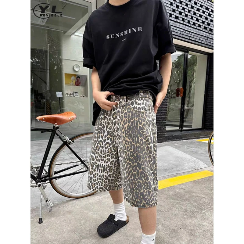 

High Street Vintage Leopard Print Denim Shorts Men Women Wide Leg Pants Y2k Hip Hop Baggy Jeans Five-point Trousers Summer 2024