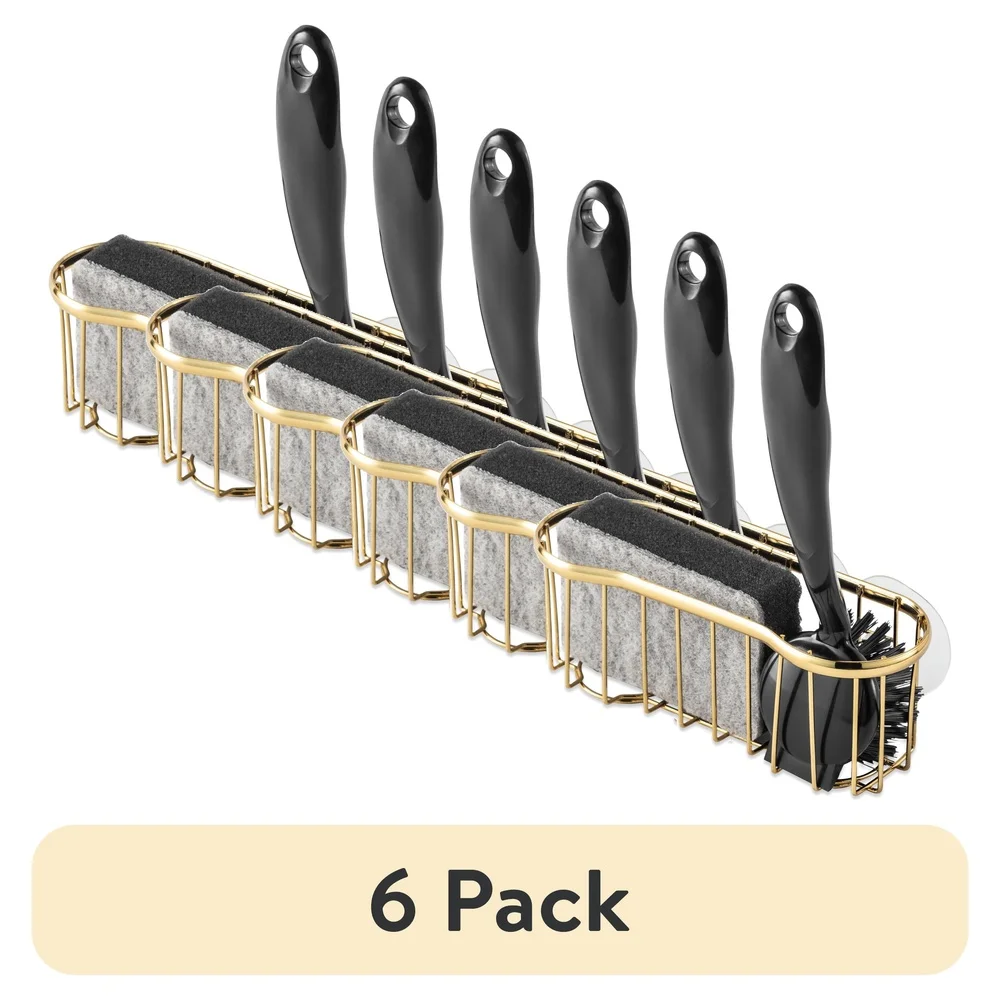 Juego de cepillos Caddy dorados de 3 piezas con ventosa, organizador de fregadero, herramientas de limpieza duraderas, diseño compacto, elegancia de cocina