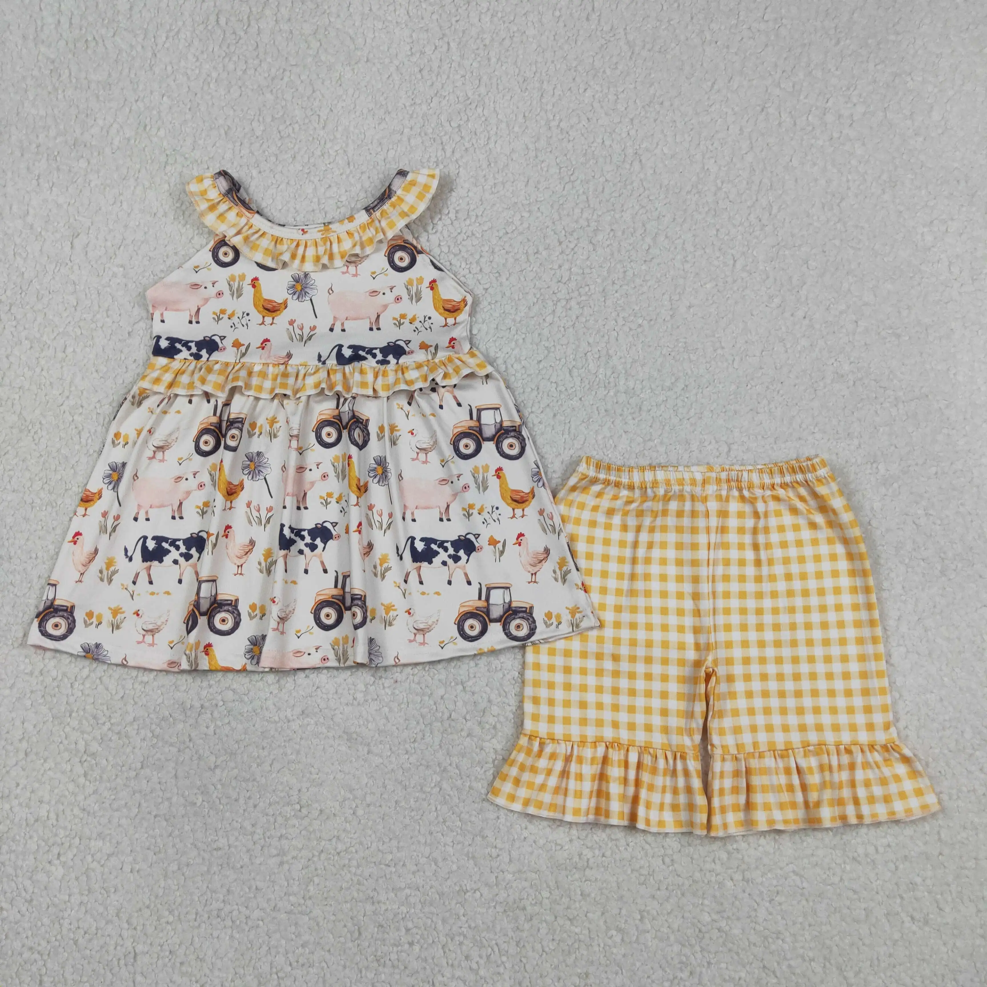 atacado-conjunto-infantil-de-verao-para-meninas-tunica-sem-mangas-com-estampa-floral-e-animais-e-shorts-xadrez-com-babados