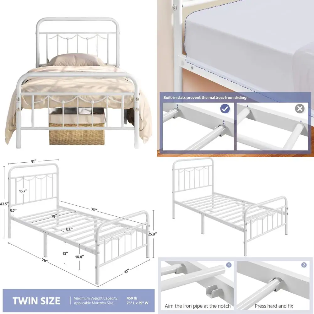 

Vintage Style Twin Metal Bed with Outboard Slats, Heavy-Duty Steel, Storage Space, No Box Spring Required, White