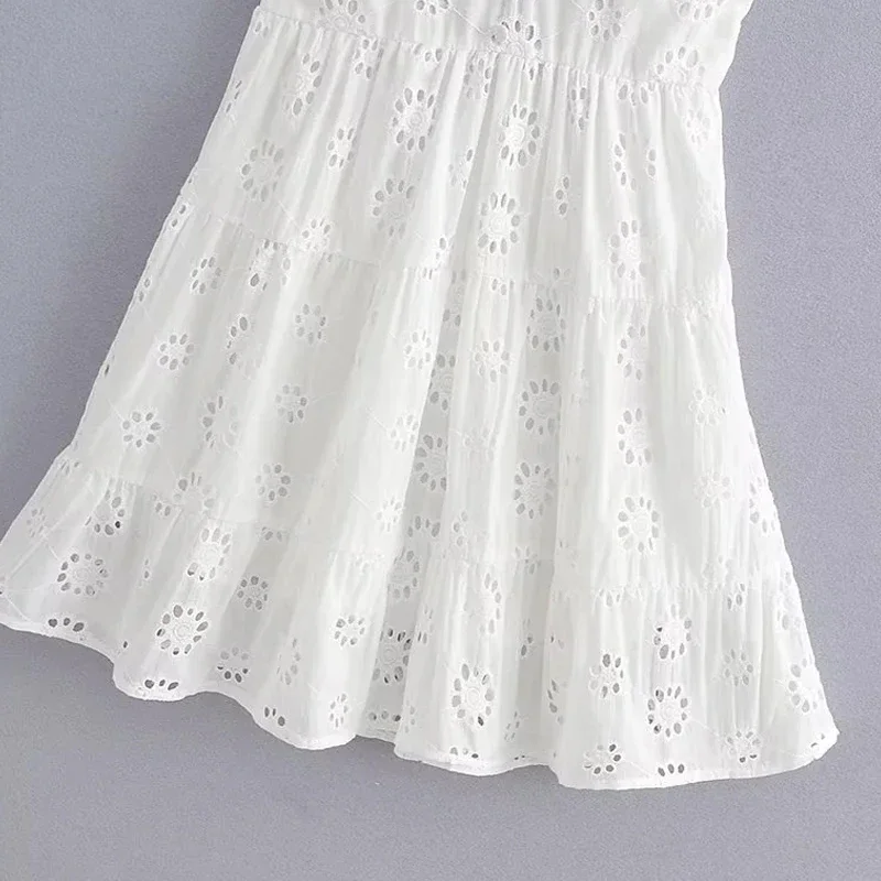 TRAF Embroidered Cutwork Dress Fashion Summer Dresses 2024 Mini White V-Neck Strappy Sleeve Slip Dress Women Elegant Party Dress