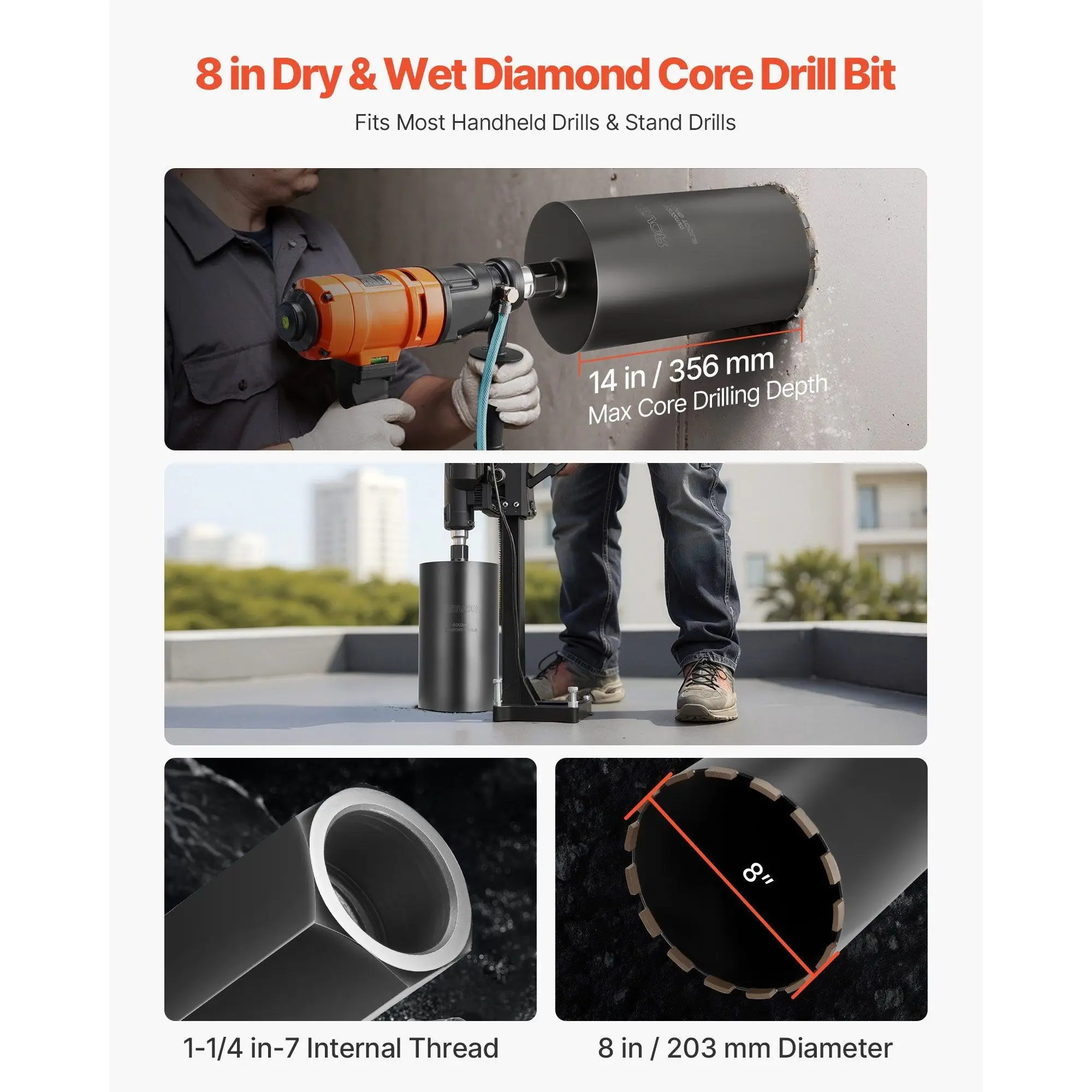 8-Inch Diameter 14-Inch Drilling Depth 1-1/4 In-7 Internal Thread High-Precision Welding Drill Bit for Masonry Concrete