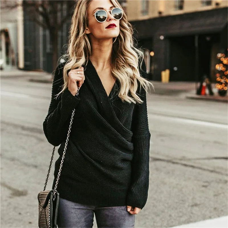 Sexy V-Neck Fold Women Knitted Sweater Loose Autumn Pullover Sweater Women Long Sleeve Tops for Party