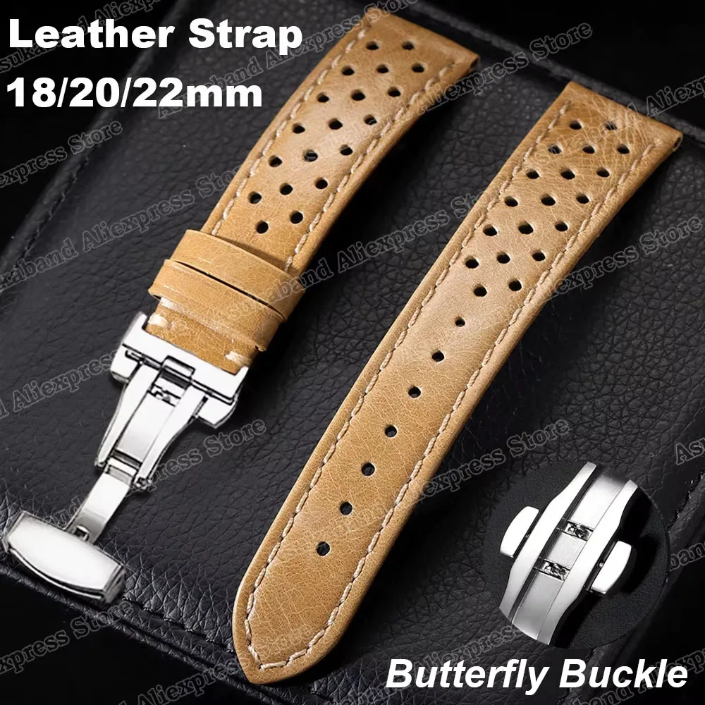 Pulseira vintage pulseira de relógio 18mm 20mm 22mm para samsung watch 7/6/5/4 cinto genuíno pulseira de couro para tag heuer masculino fivela borboleta