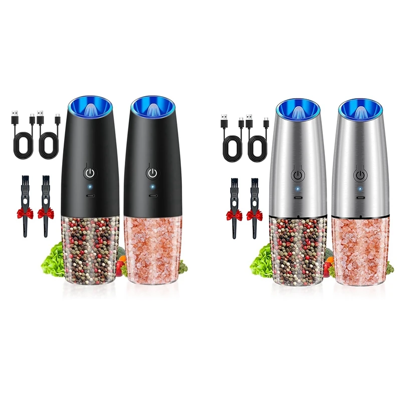 Juego de molinillo de sal y pimienta eléctrico, 2 uds., recargable por USB con luz LED, molinillos de especias automáticos, novedad de 2025