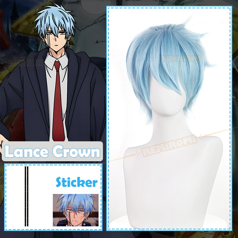 Lance Crown Cosplay Wig Synthetic Anime Mashle Magic and Muscles Blue Short Hair Easton Magic Tattoo Sticker Fiber Hair+Wig Cap