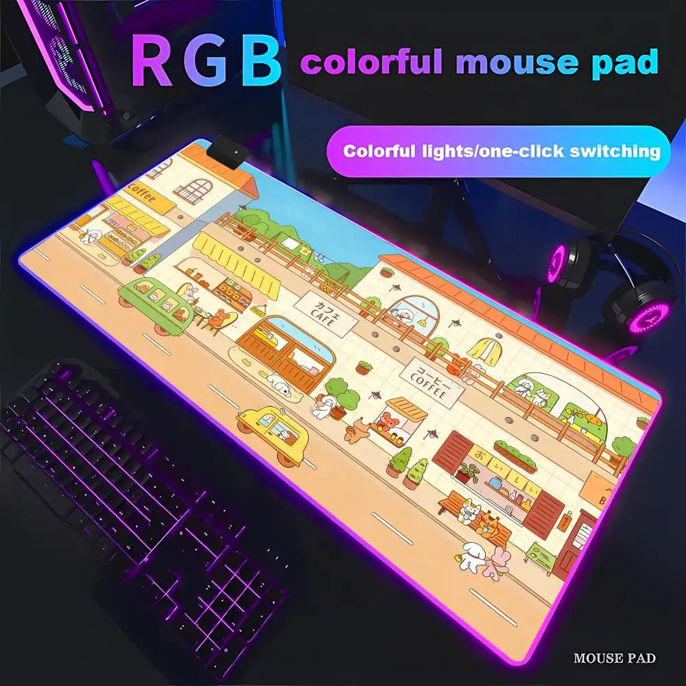 

HYBXAXC Cute Desk Mat kawaii Mousepad green, Cute Anime street, Japanese bakery cafe,RGB Gaming HD Large LED Light Non-slip