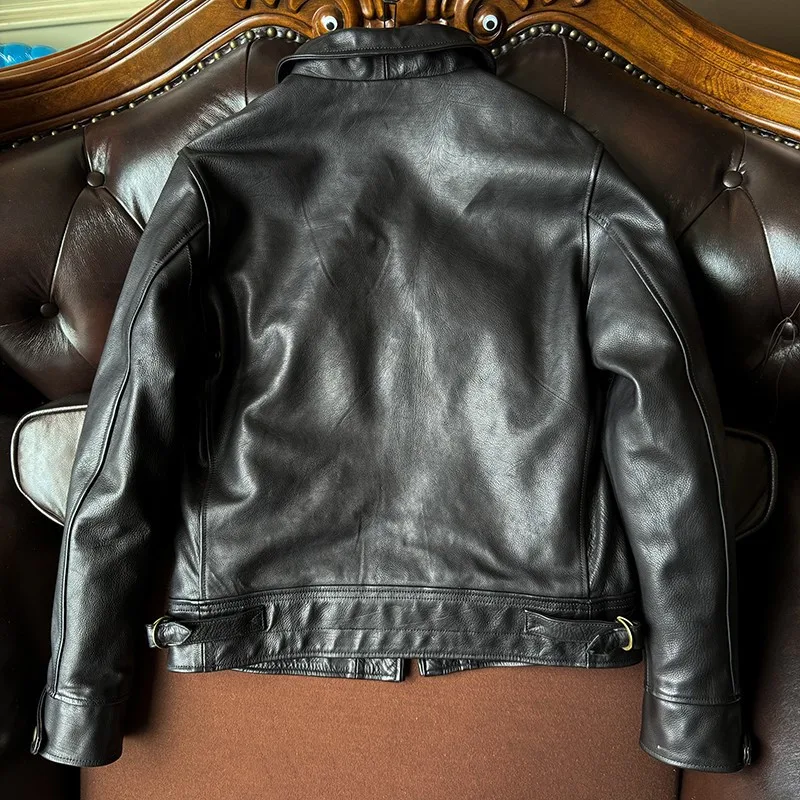 Short leather motorcycle with a lapel made of pure cowhide