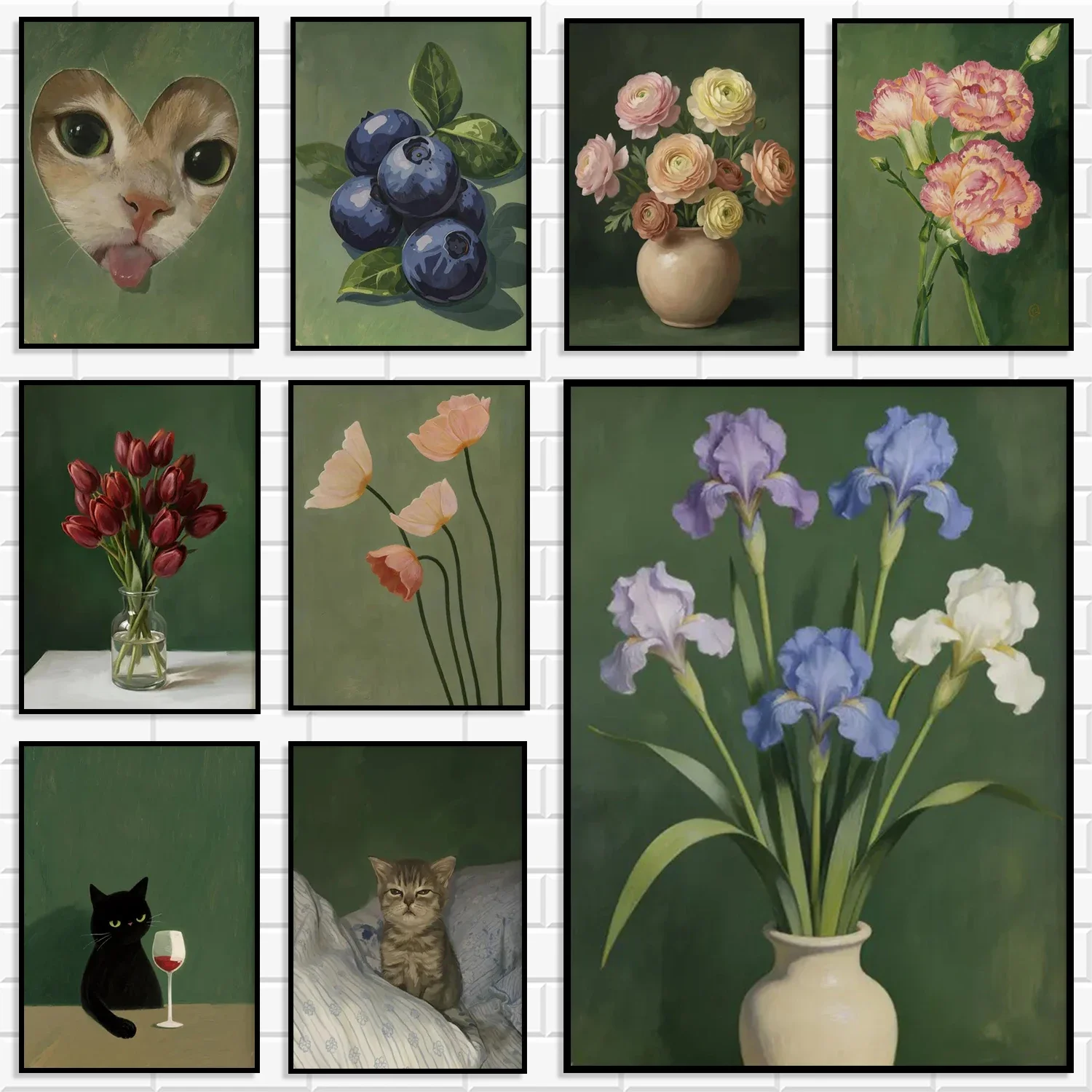 Dark Green Vintage Cat Floral Fruit Canvas Wall Art Iris Tulip Blueberry Kitten Funny Pet Posters Prints Living Room Home Decor