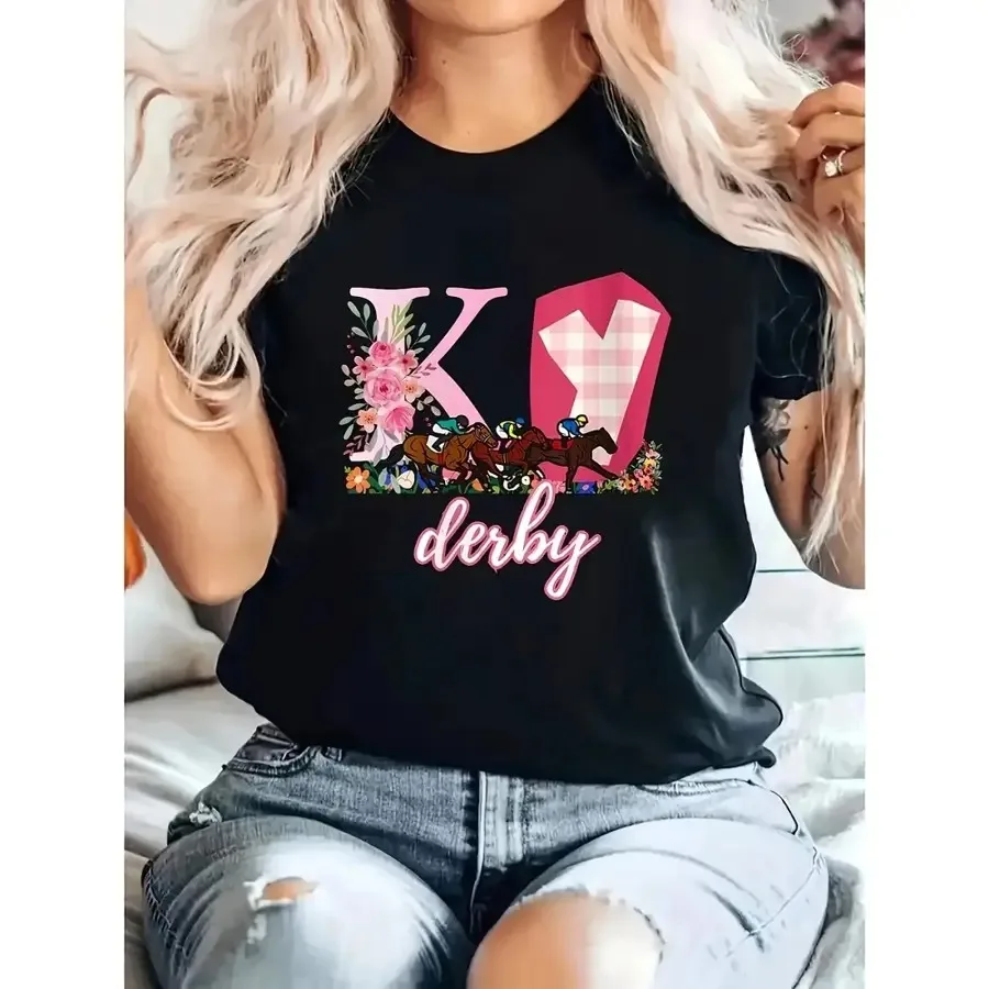 Camiseta de Carreras de Caballos Wo'S Derby, Diseño de Carreras Rosa y Negro con Logotipo K-DERBY, Elástica/Elastano, Cuello Redondo Informal, Manga Corta