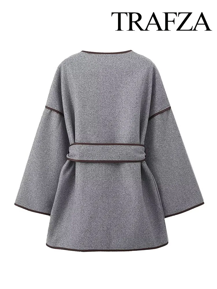 TRAFZA Women Autumn Belt Pocket Decorate Slim Coat Female Fashion Grey V-Neck Long Sleeves Casual Loose Coat Streetwear Mujer