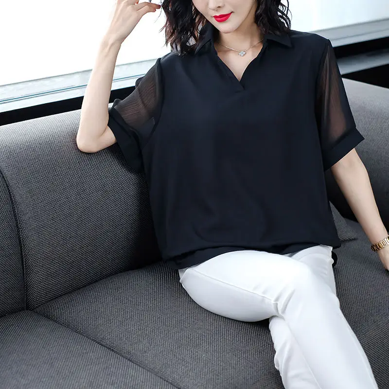 Fashion Lapel Solid Color Spliced Short Sleeve Oversized Chiffon Shirt Summer Casual Tops Loose Commute Women\'s Clothing Blouse