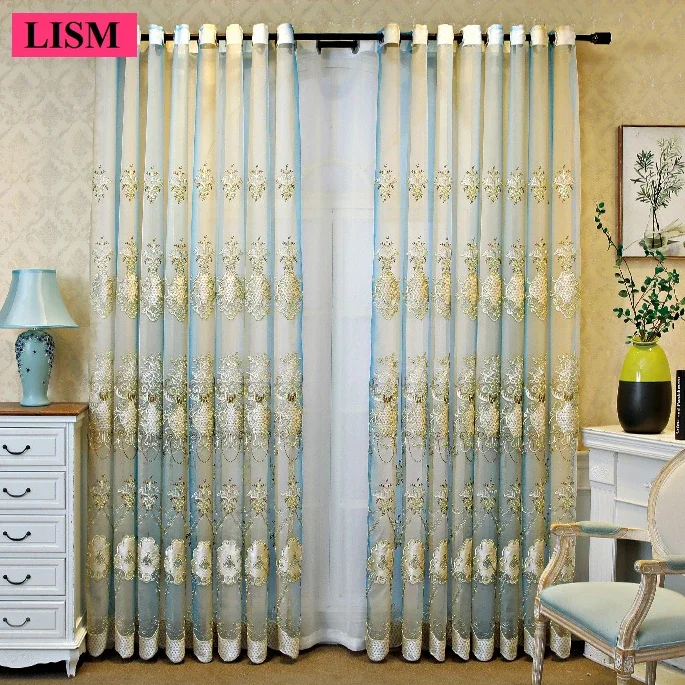 Modern European Style Luxury Embroidered Blue Gradient Finished Gauze Curtain Living Room Balcony Window Blackout Custom Tulle