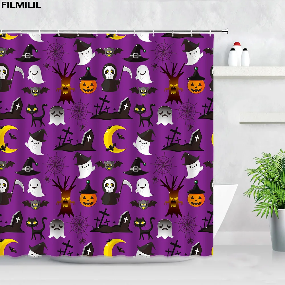 Cartoon Halloween Shower Curtain Pumpkin Ghost Skeleton Black Cat Tombstone Bat Moon Orange Bath Curtain Children Bathroom Decor