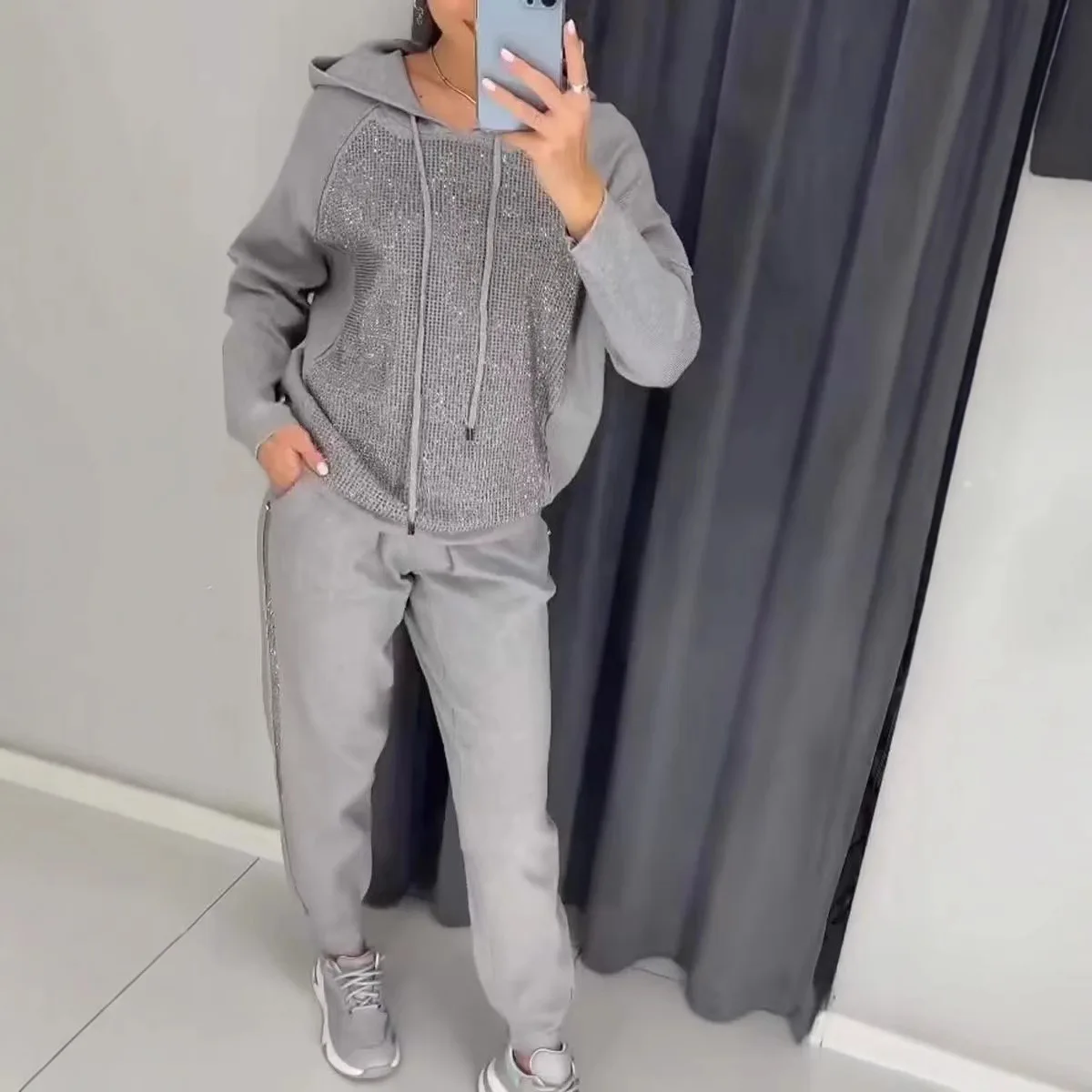Sweatpants Suit Womens Set Fashion Diamonds Patchwork Hoodies Autumn Long Sleeve Two Piece Outfits Winter Sportwear Tracksuits