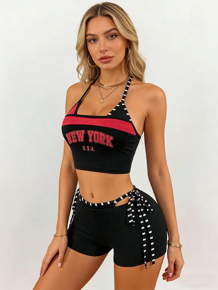 

Новый комплект из 2 предметов: топ-халтер и укороченные шорты в стиле Y2K с принтом Нью-Йорка. Летний пляжный повседневный уличный модный комплект.