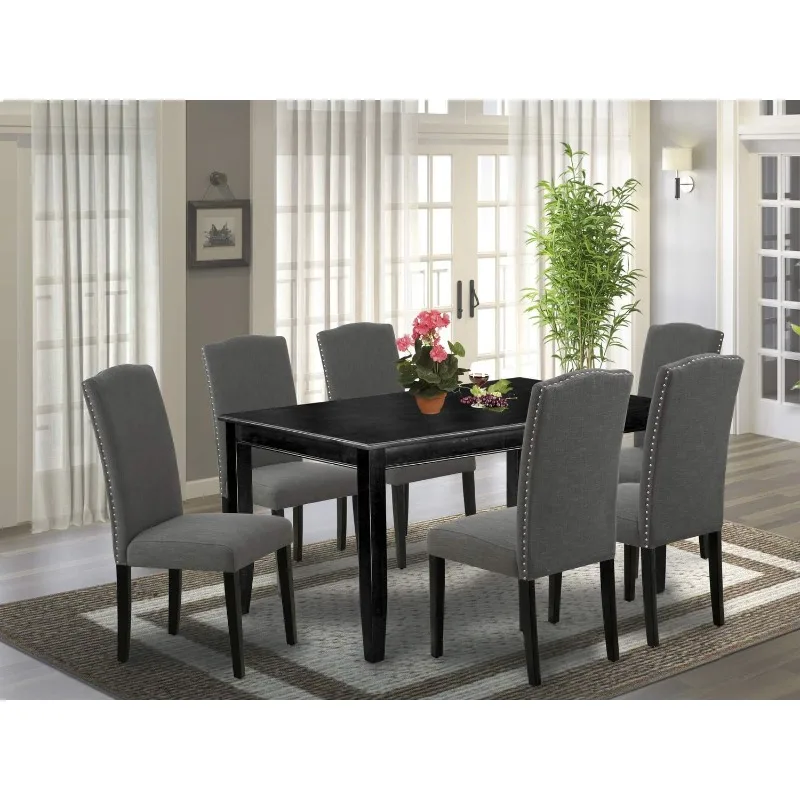 DUEN7-MAH-66 Dudley 7 Piece Kitchen Set Consist of a Rectangle Table and 6 Brown Faux Leather Parson Dining Room Chairs