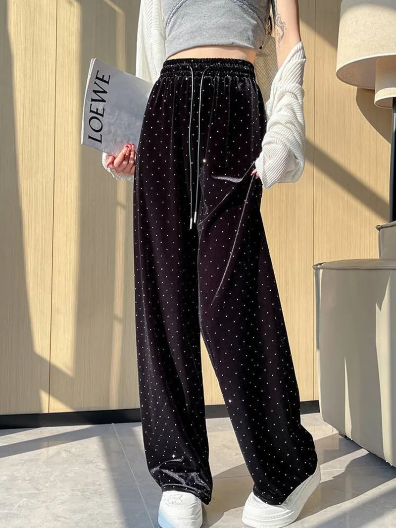 

Rhinestone Velvet Wide Leg Pants For Women Casual High Waisted Hip Hop Trendy Trousers Y2k Girls 2000s 90s Aesthetic Baggy Pants