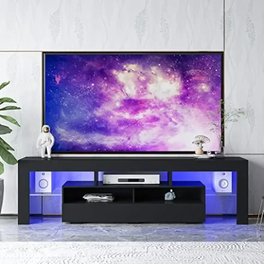 LED TV Stand Entertainment Center for 75 Inch TV, Modern High Glossy Media Furniture Cabinet with 2 Drawers and 2 Open Shelves