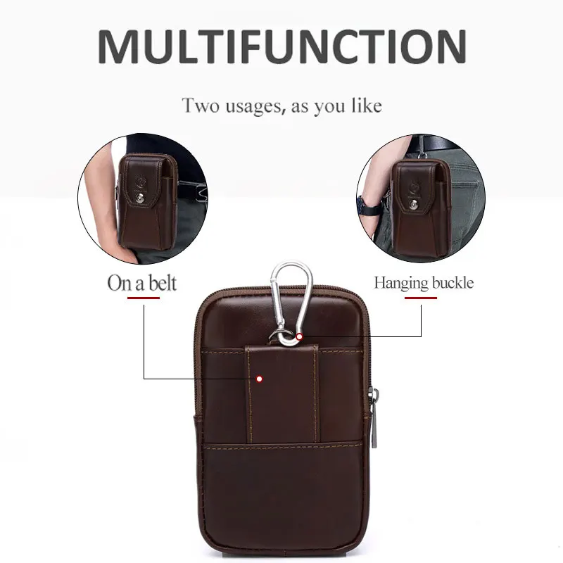 Cinto multifuncional de couro masculino, fivela pendurada casual, bolsa para celular, couro de vaca de camada superior