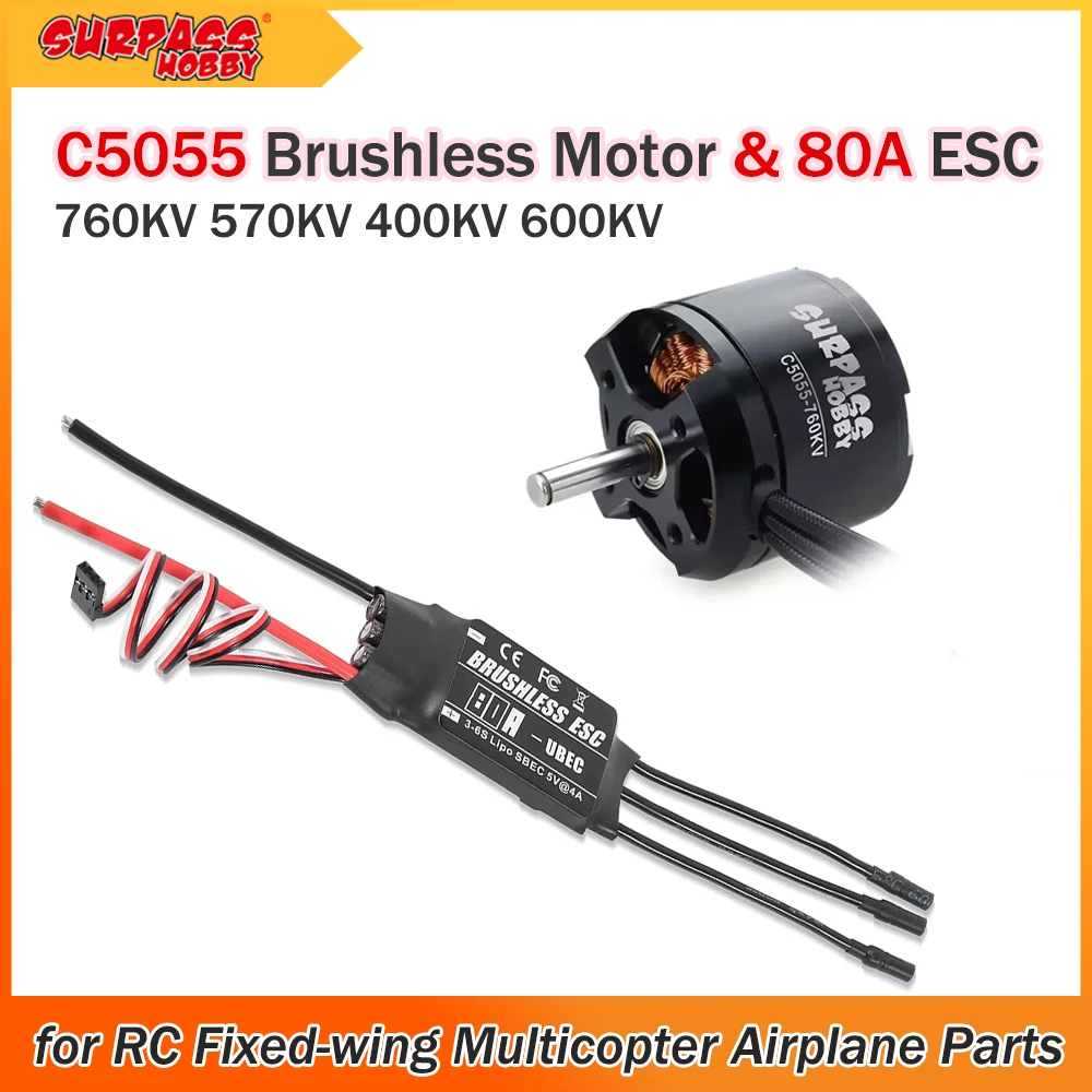 SURPASS HOBBY C5055 760KV 570KV 400KV 600KV Brushless Motor with 80A ESC for Fixed-wing FPV Racing Drone Airplane Multicopters