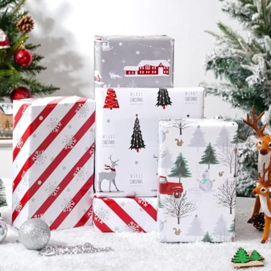 الأبيض عيد الميلاد ورق التغليف حزمة للبالغين الرنة المشارب الغابات ندفة الثلج الأحمر شاحنة الشتاء المشهد تصاميم 28x40 بوصة #4