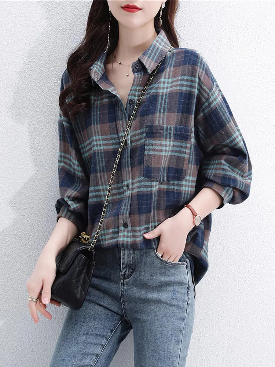 

Spring Autumn Plaid Long Sve Collar irt Single Button Tagl Large Size Women's Casual Faion Commute Sle
