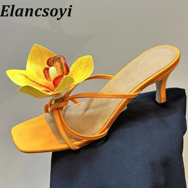 Summer Square Toe Flower Decoration Slippers Women's Genuine Leather Narrow Band Thin Heel Sandals Female Leisure Vacation Shoes