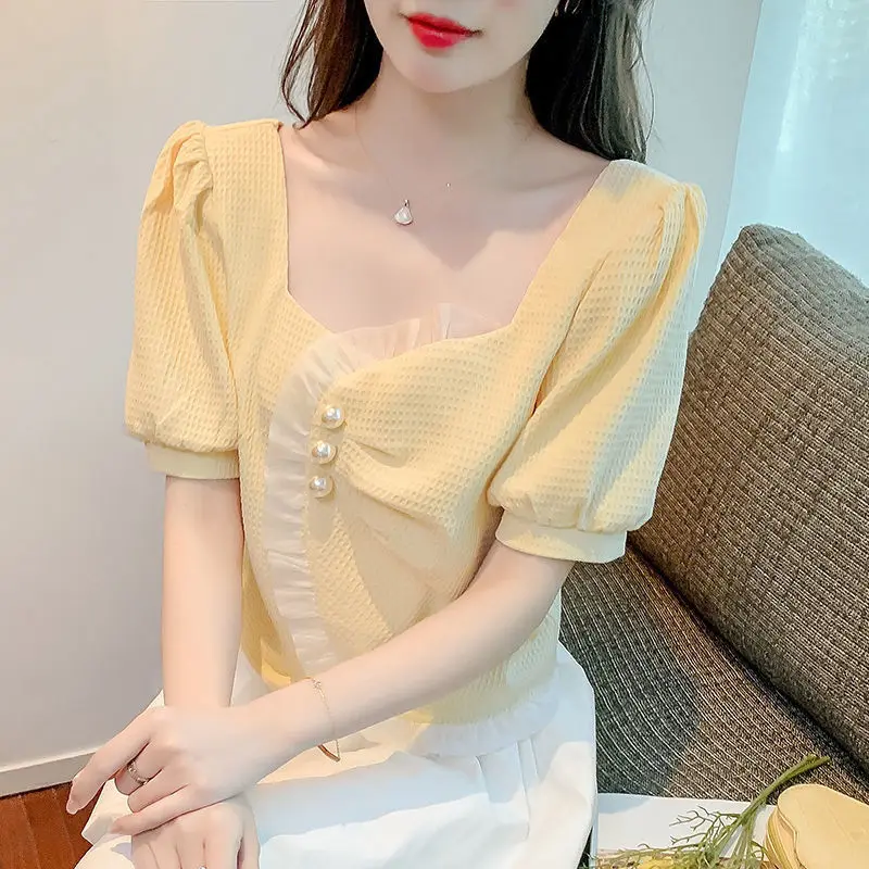 Women Summer Fashion Loose Diamonds Ruffles Solid Color Square Collar Short Sleeve Shirts Ladies Casual All-match Irregular Tops