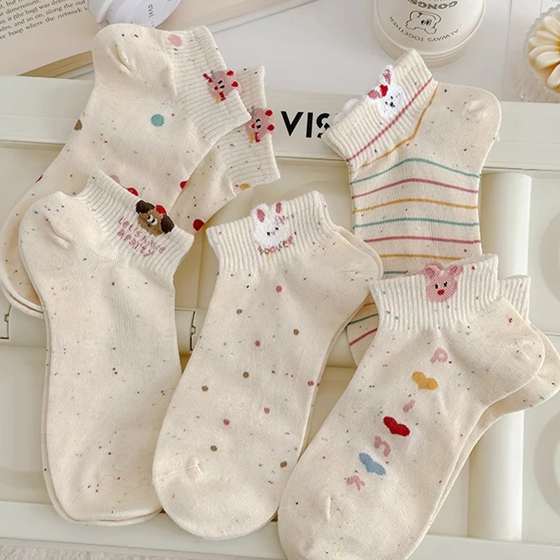 5/10 Pairs Dot Yarn النساء الجوارب القصيرة موضة لطيف الكرتون نمط الربيع/الصيف امتصاص العرق تنفس الجوارب غير رسمية